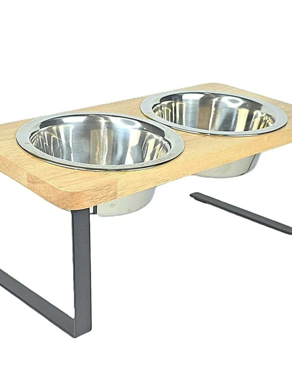 Elevated Double Cat Dog Bowls Wooden 15° Tilted Raised Stand Stainless Steel
